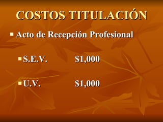 COSTOS TITULACIÓN Acto de Recepción Profesional S.E.V. $1,000 U.V. $1,000 