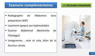 18
Définition
▪ Radiographie de l’Abdomen Sans
préparation (ASP)
▪ Lavement opaque aux hydrosolubles.
▪ Scanner Abdominal (Recherche de
l’étiologie)
▪ Ionogramme , urée et créa, bilan de la
fonction rénale
Examens complémentaires >> Occlusion intestinale
 
