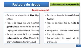 76
Définition
▪ Facteurs de risque liés à l’âge (âge
>50ans )
▪ Facteur de risque lié à une mutation
génétique (Le syndrome de Lynch et
La polypose adénomateuse familiale)
▪ Facteur de risque lié à une maladie
inflammatoire du côlon (Maladie de
Crohn, Rectocolite hémorragique)
Facteurs de risque
Cancer colorectal
Résection colique ou rectale
▪ Facteur de risque lié à un antécédent
familial
▪ Facteurs de risque liés au mode de
vie
▪ Tabagisme et Consommation d'alcool
▪ Surpoids et obésité
▪ Consommation de viande et de
charcuterie
 