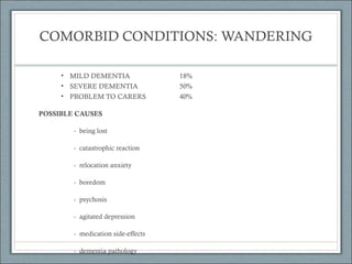 COMORBID CONDITIONS: WANDERING
• MILD DEMENTIA
• SEVERE DEMENTIA
• PROBLEM TO CARERS
POSSIBLE CAUSES
- being lost
- catastrophic reaction
- relocation anxiety
- boredom
- psychosis
- agitated depression
- medication side-effects
- dementia pathology

18%
50%
40%

 