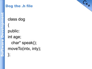 Dog the .h fileclass dog{public:int age;	char* speak();moveTo(intx, inty);};C++