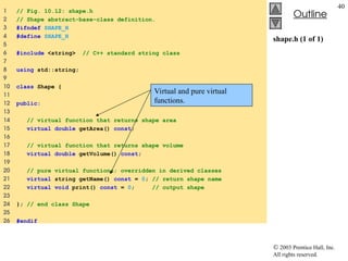  2003 Prentice Hall, Inc.
All rights reserved.
Outline
40
shape.h (1 of 1)
1 // Fig. 10.12: shape.h
2 // Shape abstract-base-class definition.
3 #ifndef SHAPE_H
4 #define SHAPE_H
5
6 #include <string> // C++ standard string class
7
8 using std::string;
9
10 class Shape {
11
12 public:
13
14 // virtual function that returns shape area
15 virtual double getArea() const;
16
17 // virtual function that returns shape volume
18 virtual double getVolume() const;
19
20 // pure virtual functions; overridden in derived classes
21 virtual string getName() const = 0; // return shape name
22 virtual void print() const = 0; // output shape
23
24 }; // end class Shape
25
26 #endif
Virtual and pure virtual
functions.
 