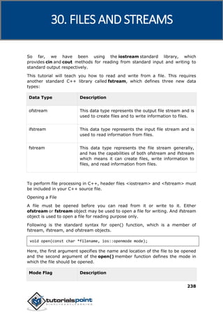 C++
238
So far, we have been using the iostream standard library, which
provides cin and cout methods for reading from standard input and writing to
standard output respectively.
This tutorial will teach you how to read and write from a file. This requires
another standard C++ library called fstream, which defines three new data
types:
Data Type Description
ofstream This data type represents the output file stream and is
used to create files and to write information to files.
ifstream This data type represents the input file stream and is
used to read information from files.
fstream This data type represents the file stream generally,
and has the capabilities of both ofstream and ifstream
which means it can create files, write information to
files, and read information from files.
To perform file processing in C++, header files <iostream> and <fstream> must
be included in your C++ source file.
Opening a File
A file must be opened before you can read from it or write to it. Either
ofstream or fstream object may be used to open a file for writing. And ifstream
object is used to open a file for reading purpose only.
Following is the standard syntax for open() function, which is a member of
fstream, ifstream, and ofstream objects.
void open(const char *filename, ios::openmode mode);
Here, the first argument specifies the name and location of the file to be opened
and the second argument of the open() member function defines the mode in
which the file should be opened.
Mode Flag Description
30. FILES AND STREAMS
 