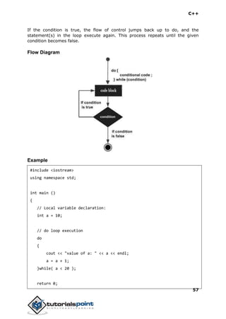 C++
57
If the condition is true, the flow of control jumps back up to do, and the
statement(s) in the loop execute again. This process repeats until the given
condition becomes false.
Flow Diagram
Example
#include <iostream>
using namespace std;
int main ()
{
// Local variable declaration:
int a = 10;
// do loop execution
do
{
cout << "value of a: " << a << endl;
a = a + 1;
}while( a < 20 );
return 0;
 