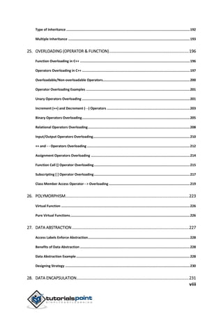 viii
Type of Inheritance .............................................................................................................................192
Multiple Inheritance ...........................................................................................................................193
25. OVERLOADING (OPERATOR & FUNCTION).......................................................................196
Function Overloading in C++ ...............................................................................................................196
Operators Overloading in C++ .............................................................................................................197
Overloadable/Non-overloadable Operators........................................................................................200
Operator Overloading Examples .........................................................................................................201
Unary Operators Overloading .............................................................................................................201
Increment (++) and Decrement (- -) Operators ....................................................................................203
Binary Operators Overloading.............................................................................................................205
Relational Operators Overloading.......................................................................................................208
Input/Output Operators Overloading..................................................................................................210
++ and - - Operators Overloading ........................................................................................................212
Assignment Operators Overloading ....................................................................................................214
Function Call () Operator Overloading.................................................................................................215
Subscripting [ ] Operator Overloading.................................................................................................217
Class Member Access Operator - > Overloading ..................................................................................219
26. POLYMORPHISM..............................................................................................................223
Virtual Function ..................................................................................................................................226
Pure Virtual Functions.........................................................................................................................226
27. DATA ABSTRACTION........................................................................................................227
Access Labels Enforce Abstraction.......................................................................................................228
Benefits of Data Abstraction ...............................................................................................................228
Data Abstraction Example...................................................................................................................228
Designing Strategy ..............................................................................................................................230
28. DATA ENCAPSULATION....................................................................................................231
 