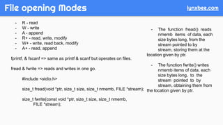 - R - read
- W - write
- A - append
- R+ - read, write, modify
- W+ - write, read back, modify
- A+ - read, append
fprintf, & fscanf => same as printf & scanf but operates on files.
fread & fwrite => reads and writes in one go.
#include <stdio.h>
size_t fread(void *ptr, size_t size, size_t nmemb, FILE *stream);
size_t fwrite(const void *ptr, size_t size, size_t nmemb,
FILE *stream);
- The function fread() reads
nmemb items of data, each
size bytes long, from the
stream pointed to by
stream, storing them at the
location given by ptr.
- The function fwrite() writes
nmemb items of data, each
size bytes long, to the
stream pointed to by
stream, obtaining them from
the location given by ptr.
File opening Modes lynxbee.com
 