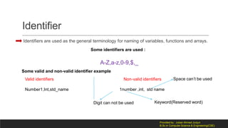 Identifier
Identifiers are used as the general terminology for naming of variables, functions and arrays.
Some identifiers are used :
A-Z,a-z,0-9,$,_
Some valid and non-valid identifier example
Valid identifiers Non-valid identifiers
Number1,Int,std_name 1number ,int, std name
Keyword(Reserved word)
Space can’t be used
Digit can not be used
Provided by : Jubair Ahmed Junjun
B.Sc in Computer Science & Engineering(CSE)
 