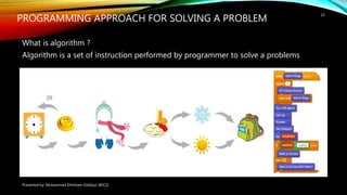 PROGRAMMING APPROACH FOR SOLVING A PROBLEM
What is algorithm ?
Algorithm is a set of instruction performed by programmer to solve a problems
Presented by: Muhammad Ehtisham Siddiqui (BSCS)
15
 