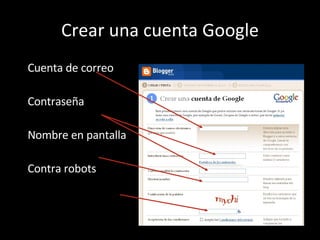 Crear una cuenta Google Cuenta de correo Contraseña Nombre en pantalla Contra robots 