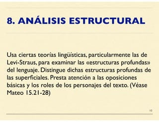 8. ANÁLISIS ESTRUCTURAL
Usa ciertas teorías lingüísticas, particularmente las de
Levi-Straus, para examinar las «estructuras profundas»
del lenguaje. Distingue dichas estructuras profundas de
las superﬁciales. Presta atención a las oposiciones
básicas y los roles de los personajes del texto. (Véase
Mateo 15.21-28)
10
 