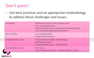 Don’t panic!
   Use best practices and an appropriate methodology
    to address these challenges and issues:
Complexity              Identify key process and customer vision.
                        Focus on key processes.
                        Keep it standard and minimize specific developments.
                        Use cloud SaaS applications if possible.
Poor usability          Use standard layout.
                        Design layout for users.
Implementation issues   3 steps implementation methodology.
                        Identify key people.
                        Involve business users – allocate time!
User adoption issues    Train users.
                        Tools: Breadcrumb trails – contextual help – search…
 