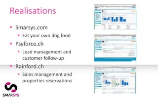 Realisations
 Smarsys.com
    Eat your own dog food
 Psyforce.ch
    Lead management and
     customer follow-up
 Rainford.ch
    Sales management and
     properties reservations
 