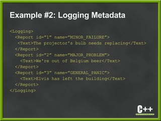 Example #2: Logging Metadata
<Logging>
<Report id=”1” name=”MINOR_FAILURE”>
<Text>The projector's bulb needs replacing</Text>
</Report>
<Report id=”2” name=”MAJOR_PROBLEM”>
<Text>We're out of Belgium beer</Text>
</Report>
<Report id=”3” name=”GENERAL_PANIC”>
<Text>Elvis has left the building</Text>
</Report>
</Logging>
 