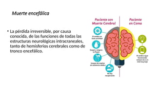 • La pérdida irreversible, por causa
conocida, de las funciones de todas las
estructuras neurológicas intracraneales,
tanto de hemisferios cerebrales como de
tronco encefálico.
Muerte encefálica
 