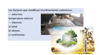 Los factores que modifican el enfriamiento cadavérico:
— externos:
temperatura externa
— internos:
a) edad
b) obesos
c) vestimenta:
 