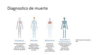 Diagnostico de muerte
Respiratorio
Ausencia de
movimientos
respiratorios y
silencio
auscultatorio.
Signo de Winslow
Nervioso
Ausencia de
respuesta al dolor:
arreflexia total y
electroencefalogra
ma plano
Circulatorio
Ausencia de pulso y
TA, silencio
auscultatorio en
cada foco 5’, EGC (-),
fondo de ojo palido.
Esqueletico/
tegumentario
Apergaminamiento de
la piel (Molland)
Prueba de
fluorescencia.
Signo de Lancisi
Confirmatorios de muerte
real
 