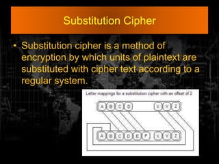 Substitution Cipher
• Substitution cipher is a method of
encryption by which units of plaintext are
substituted with cipher text according to a
regular system.
 