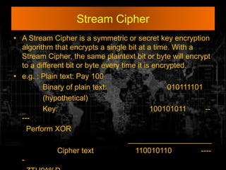 Stream Cipher
• A Stream Cipher is a symmetric or secret key encryption
algorithm that encrypts a single bit at a time. With a
Stream Cipher, the same plaintext bit or byte will encrypt
to a different bit or byte every time it is encrypted.
• e.g. : Plain text: Pay 100
Binary of plain text: 010111101
(hypothetical)
Key: 100101011 --
---
Perform XOR
____________________
Cipher text 110010110 ----
-
 