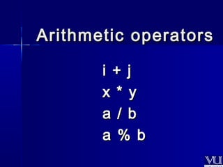 Arithmetic ooppeerraattoorrss 
ii ++ jj 
xx ** yy 
aa // bb 
aa %% bb 
 