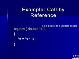 EExxaammppllee:: CCaallll bbyy 
RReeffeerreennccee 
x is a pointer to a variable double 
ssqquuaarree (( ddoouubbllee **xx )) 
{{ 
**xx == **xx ** **xx ;; 
}} 
 