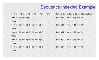 Sequence Indexing Example
>>> s = ['a', 'b', 'c', 'd', 'e']

### s is a list of 5 characters

>>> s[0] == s[-5]

### s[0] == s[-5] == 'a'

True
>>> s[1] == s[-5+1] == s[-4]

### s[1] == s[-4] == 'b'

True
>>> s[2] == s[-5+2] == s[-3]

### s[2] == s[-3] == 'c'

True
>>> s[3] == s[-5+3] == s[-2]

### s[3] == s[-2] == 'd'

True
>>> s[4] == s[-5+4] == s[-1]
True

### s[4] == s[-1] == 'e'

 