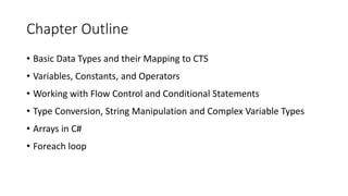 Chapter Outline
• Basic Data Types and their Mapping to CTS
• Variables, Constants, and Operators
• Working with Flow Control and Conditional Statements
• Type Conversion, String Manipulation and Complex Variable Types
• Arrays in C#
• Foreach loop
 