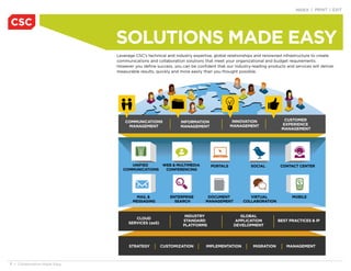 INDEX | PRINT | EXIT




                                      SOLUTIONS MADE EASY
                                      Leverage CSC’s technical and industry expertise, global relationships and renowned infrastructure to create

                              CSC COMMUNICATIONS & COLLABORATION SOLUTIONS
                                      communications and collaboration solutions that meet your organizational and budget requirements.
                                      However you define success, you can be confident that our industry-leading products and services will deliver
                                      measurable results, quickly and more easily than you thought possible.
                              Collaboration Made Easy
       want more info?




                                          COMMUNICATIONS              INFORMATION               INNOVATION               CUSTOMER
                                           MANAGEMENT                                          MANAGEMENT               EXPERIENCE
                                                                      MANAGEMENT
                                                                                                                        MANAGEMENT




                                            UNIFIED     WEB & MULTIMEDIA             PORTALS             SOCIAL         CONTACT CENTER
                                         COMMUNICATIONS  CONFERENCING




                                              MAIL &            ENTERPRISE         DOCUMENT             VIRTUAL               MOBILE
                                             MESSAGING            SEARCH          MANAGEMENT         COLLABORATION


                                                                        INDUSTRY                   GLOBAL
                                              CLOUD
                                                                       STANDARD                  APPLICATION          BEST PRACTICES & IP
                                           SERVICES (aaS)
                                                                       PLATFORMS                DEVELOPMENT




                                            STRATEGY        CUSTOMIZATION         IMPLEMENTATION          MIGRATION        MANAGEMENT



7 — Collaboration Made Easy
 