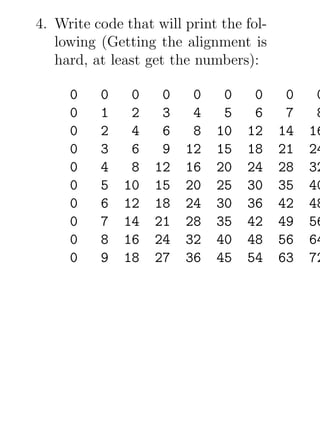 4. Write code that will print the fol-
   lowing (Getting the alignment is
   hard, at least get the numbers):

     0    0    0    0    0    0    0      0    0
     0    1    2    3    4    5    6      7    8
     0    2    4    6    8   10   12     14   16
     0    3    6    9   12   15   18     21   24
     0    4    8   12   16   20   24     28   32
     0    5   10   15   20   25   30     35   40
     0    6   12   18   24   30   36     42   48
     0    7   14   21   28   35   42     49   56
     0    8   16   24   32   40   48     56   64
     0    9   18   27   36   45   54     63   72
 