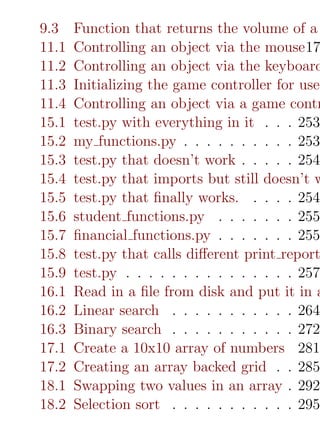 9.3    Function that returns the volume of a
11.1   Controlling an object via the mouse17
11.2   Controlling an object via the keyboard
11.3   Initializing the game controller for use
11.4   Controlling an object via a game contr
15.1   test.py with everything in it . . . 253
15.2   my functions.py . . . . . . . . . . 253
15.3   test.py that doesn’t work . . . . . 254
15.4   test.py that imports but still doesn’t w
15.5   test.py that ﬁnally works. . . . . 254
15.6   student functions.py . . . . . . . 255
15.7   ﬁnancial functions.py . . . . . . . 255
15.8   test.py that calls diﬀerent print report
15.9   test.py . . . . . . . . . . . . . . . 257
16.1   Read in a ﬁle from disk and put it in a
16.2   Linear search . . . . . . . . . . . 264
16.3   Binary search . . . . . . . . . . . 272
17.1   Create a 10x10 array of numbers 281
17.2   Creating an array backed grid . . 285
18.1   Swapping two values in an array . 292
18.2   Selection sort . . . . . . . . . . . 295
 