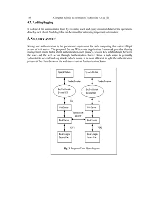 186 Computer Science & Information Technology (CS & IT)
4.7. Auditing/logging
It is done at the administrator level by recording each and every minutest detail of the operations
done by each client. Such log files can be mined for retrieving important information.
5. SECURITY ASPECT
Strong user authentication is the paramount requirement for web computing that restrict illegal
access of web server. The proposed Secure Web server Application framework provides identity
management, multi factor client authentication, user privacy, session key establishment between
the users and the web server through Authentication Server. Since a web server is generally
vulnerable to several hacking attacks which means, it is more efficient to split the authentication
process of the client between the web server and an Authentication Server.
Fig. 3. Sequence/Data Flow diagram
 