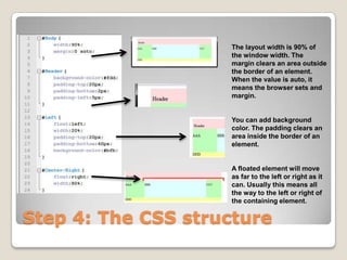 The layout width is 90% of
                    the window width. The
                    margin clears an area outside
                    the border of an element.
                    When the value is auto, it
                    means the browser sets and
                    margin.


                    You can add background
                    color. The padding clears an
                    area inside the border of an
                    element.


                    A floated element will move
                    as far to the left or right as it
                    can. Usually this means all
                    the way to the left or right of
                    the containing element.


Step 4: The CSS structure
 
