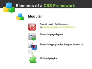  Elements of a  CSS Framework Global reset  of all browsers to  reduce browser inconsistencies . Setup the  page layout Setup the  typography ,  images ,  forms , etc. Modular Optional  plugins 