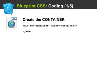   Blueprint CSS:  Coding (1/5) Create the CONTAINER <div id=&quot;container&quot; class=&quot;container&quot;> </div> 