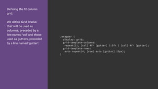 Defining the 12 column
grid.
We define Grid Tracks
that will be used as
columns, preceded by a
line named ‘col’ and those
used as gutters, preceded
by a line named ‘gutter’.
.wrapper {
display: grid;
grid-template-columns:
repeat(11, [col] 4fr [gutter] 3.5fr ) [col] 4fr [gutter];
grid-template-rows:
auto repeat(4, [row] auto [gutter] 15px);
}
 