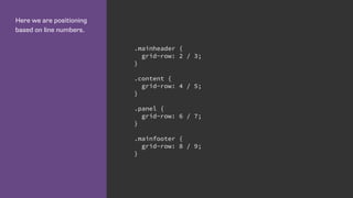 Here we are positioning
based on line numbers.
.mainheader {
grid-row: 2 / 3;
}
.content {
grid-row: 4 / 5;
}
.panel {
grid-row: 6 / 7;
}
.mainfooter {
grid-row: 8 / 9;
}
 