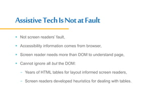 AssistiveTechIsNotatFault
 Not screen readers’ fault,
 Accessibility information comes from browser,
 Screen reader needs more than DOM to understand page,
 Cannot ignore all but the DOM:
- Years of HTML tables for layout informed screen readers,
- Screen readers developed heuristics for dealing with tables.
 