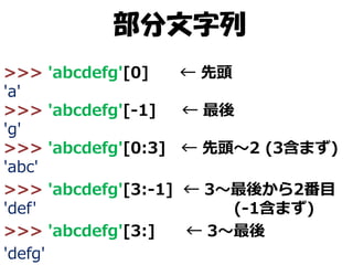 部分文字列
>>> 'abcdefg'[0]
'a'
>>> 'abcdefg'[-1]
'g'
>>> 'abcdefg'[0:3]
'abc'
>>> 'abcdefg'[3:-1]
'def'
>>> 'abcdefg'[3:]
'defg'

← 先頭
← 最後

← 先頭～2 (3含まず)
← 3～最後から2番目
(-1含まず)
← 3～最後

 