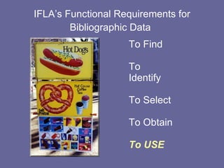 IFLA’s Functional Requirements for Bibliographic Data   To Find To Identify To Select To Obtain To USE 