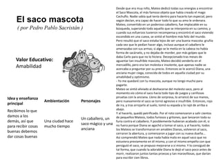 Valor Educativo:
Amabilidad
Desde que era muy niño, Mateo dedicó todas sus energías a encontrar
el Saco Mascota, el más famoso objeto que había creado el mago
Cachuflo. Nadie sabía qué tenía dentro para hacerlo tan especial, pero
según decían, era capaz de hacer todo lo que su amo le ordenara.
Mateo, convertido en un poderoso caballero, fue implacable en su
búsqueda, superando todo aquello que se interponía en su camino, y
cuando sus esfuerzos tuvieron recompensa y encontró el saco viviendo
escondido en una cueva, se sintió el hombre más feliz del mundo.
Pero resultó que el saco estaba lejos de ser una buena mascota: gruñía
cada vez que le pedían hacer algo, incluso aunque el caballero le
amenazaba con sus armas; si algo se le metía en la cabeza no había
forma de sacárselo, y no dejaba de morder, por más golpes que le
daba Carlo para que no lo hiciera. Decepcionado tras meses de
aguantar tan insufrible mascota, Mateo decidió venderla en el
mercadillo, pero era tan molesta e insolente, que apenas nadie se
acercaba a preguntar por su precio. Entonces se le acercó Diana, una
anciana mujer ciega, conocida de todos en aquella ciudad por su
amabilidad y optimismo.
- Yo me quedaré con tu mascota, aunque no tengo mucho para
pagarte.
Mateo se sintió aliviado al deshacerse del molesto saco, pero al
momento vio cómo el saco hacía todo tipo de juegos y cariñosas
piruetas con la anciana. Lleno de sorpresa, lo arrancó de sus manos,
pero nuevamente el saco se tornó agresivo e insufrible. Entonces, rojo
de ira, y tras arrojarlo al suelo, tomó su espada y lo rajó de arriba a
abajo.
Y al hacerlo, quedó petrificado. Por el roto comenzaron a salir cientos
de pequeños Mateos, todos furiosos y gritones, que lanzaron toda su
furia contra el caballero. Y posiblemente hubieran acabado con él, si
no fuera porque Diana se agachó a tomar el saco, y al hacerlo, todos
los Mateos se transformaron en amables Dianas, volvieron al saco,
cerraron la abertura, y comenzaron a jugar con su nueva dueña...
Así comprendió Mateo que nada había malo en aquel saco que no
estuviera previamente en él mismo, y con el mismo empeño con que
persiguió el saco, se propuso mejorarse a sí mismo. Y lo consiguió de
tal forma, que cuando la adorable Diana le dejó el saco poco antes de
morir, realizaron juntos tantas proezas y tan maravillosas, que darían
para escribir cien libros.
El saco mascota
( por Pedro Pablo Sacristán )
Idea y enseñanza
principal
Ambientación Personajes
Recibimos lo que
damos a los
demás, así que
para recibir cosas
buenas debemos
dar cosas buenas
Una ciudad hace
mucho tiempo
Un caballero, un
saco mágico y una
anciana
 