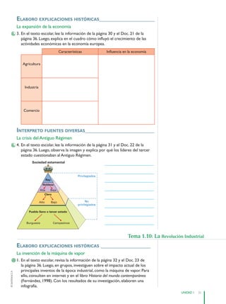 21
UNIDAD 1
©
Santillana
S.
A.
Elaboro ExplicacionEs históricas____________________
La expansión de la economía
3. En el texto escolar, lee la información de la página 30 y el Doc. 21 de la
página 36. Luego, explica en el cuadro cómo influyó el crecimiento de las
actividades económicas en la economía europea.
Características Influencia en la economía
Agricultura
Industria
Comercio
intErprEto fuEntEs divErsas_________________________
La crisis del Antiguo Régimen
4. En el texto escolar, lee la información de la página 31 y el Doc. 22 de la
página 36. Luego, observa la imagen y explica por qué los líderes del tercer
estado cuestionaban al Antiguo Régimen.
Elaboro ExplicacionEs históricas __________________
La invención de la máquina de vapor
1. En el texto escolar, revisa la información de la página 32 y el Doc. 23 de
la página 36. Luego, en grupos, investiguen sobre el impacto actual de los
principales inventos de la época industrial, como la máquina de vapor. Para
ello, consulten en internet y en el libro Historia del mundo contemporáneo
(Fernández, 1998). Con los resultados de su investigación, elaboren una
infografía.
_______________________
_______________________
_______________________
_______________________
_______________________
_______________________
_______________________
_______________________
Tema 1.10: La Revolución Industrial
Pueblo llano o tercer estado
Clero
Nobleza
Rey
Sociedad estamental
Bajo
Alto
Baja
Alta
Burguesía Campesinos
No
privilegiados
Privilegiados
PE0000000000671 020_031CTHGyE3_U1s_6498.indd 21 12/29/15 8:47 PM
 