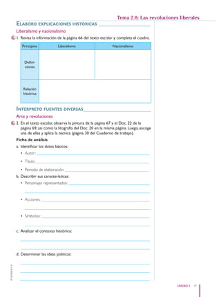 47
UNIDAD 2
©
Santillana
S.
A.
elaboro expliCaCiones históriCas ___________________
Liberalismo y nacionalismo
1. Revisa la información de la página 66 del texto escolar y completa el cuadro.
Principios Liberalismo Nacionalismo
Defini-
ciones
Relación
histórica
interpreto fuentes diversas_________________________
Arte y revoluciones
2. En el texto escolar, observa la pintura de la página 67 y el Doc. 22 de la
página 69, así como la litografía del Doc. 20 en la misma página. Luego, escoge
una de ellas y aplica la técnica (página 30 del Cuaderno de trabajo).
Ficha de análisis
a. Identificar los datos básicos:
• Autor: ������������������������������������������������������
• Título: ������������������������������������������������������
• Periodo de elaboración: ����������������������������������������
b. Describir sus características:
• Personajes representados: ���������������������������������������
������������������������������������������������������������
• Acciones: ����������������������������������������������������
������������������������������������������������������������
• Símbolos: ����������������������������������������������������
������������������������������������������������������������
c. Analizar el contexto histórico:
��������������������������������������������������������������
��������������������������������������������������������������
d. Determinar las ideas políticas:
��������������������������������������������������������������
��������������������������������������������������������������
��������������������������������������������������������������
Tema 2.8: Las revoluciones liberales
PE0000000000671 044_055CTHGyE3_U2s_6500.indd 47 12/29/15 8:51 PM
 