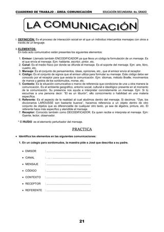 CUADERNO DE TRABAJO – ÁREA: COMUNICACIÓN EDUCACIÓN SECUNDARIA: 4to. GRADO
21
I. DEFINICIÓN: Es el proceso de interacción social en el que un individuo intercambia mensajes con otros a
través de un lenguaje.
II. ELEMENTOS:
En todo acto comunicativo están presentes los siguientes elementos:
1. Emisor: Llamado también ENCODIFICADOR ya que lleva un código la formulación de un mensaje. Es
el que envía el mensaje. Ejm: hablante, escritor, pintor, etc.
2. Canal: Es el medio físico por donde se difunde el mensaje. Es el soporte del mensaje. Ejm: aire, libro,
cuadro, etc.
3. Mensaje: Es el conjunto de pensamientos, ideas, opiniones, etc., que el emisor envía al receptor.
4. Código: Es el conjunto de signos que el emisor utiliza para formular su mensaje. Este código debe ser
conocido por el receptor para que exista la comunicación. Ejm: idiomas, método Braille, movimientos
de manos y gestos de los sordomudos, morse, etc.
5. Contexto: Es la situación comunicativa o marco de referencia que condiciona de una u otra manera la
comunicación. Es el ambiente geográfico, entorno social, cultural e ideológico presente en el momento
de la comunicación. Su presencia nos ayuda a interpretar concretamente un mensaje. Ejm: Si tú
escuchas a una persona decir: “El es un tiburón”, ello conocimiento o habilidad en una materia
específica.
6. Referente: Es el aspecto de la realidad al cual aludimos dentro del mensaje. Si decimos: “Oye, los
diccionarios LAROUSSE son bastante buenos”, hacemos referencia a un objeto dentro de otro
conjunto de objetos que es diferenciable de cualquier otro texto, ya sea de álgebra, pintura, etc. El
referente hace más específico y atendible el mensaje.
7. Receptor: Conocido también como DECODIFICADOR. Es quien recibe e interpreta el mensaje. Ejm:
Oyente, lector, observador.
* El RUÍDO es el elemento perturbador del mensaje.
PRACTICA
 Identifica los elementos en las siguientes comunicaciones:
1. En un colegio para sordomudos, la maestra pide a José que describa a su padre.
 EMISOR : ..........................................................
 CANAL : . ... . ..................................................
 MENSAJE : ..........................................................
 CÓDIGO : ..........................................................
 CONTEXTO : ..........................................................
 RECEPTOR : ..........................................................
 REFERENTE : ..........................................................
 