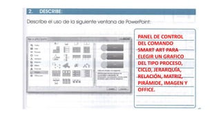 PANEL DE CONTROL
DEL COMANDO
SMART ART PARA
ELEGIR UN GRAFICO
DEL TIPO PROCESO,
CICLO, JERARQUÍA,
RELACIÓN, MATRIZ,
PIRÁMIDE, IMAGEN Y
OFFICE.
 