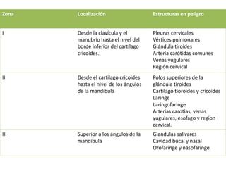 Zona Localización Estructuras en peligro
I Desde la clavícula y el
manubrio hasta el nivel del
borde inferior del cartílago
cricoides.
Pleuras cervicales
Vértices pulmonares
Glándula tiroides
Arteria carótidas comunes
Venas yugulares
Región cervical
II Desde el cartílago cricoides
hasta el nivel de los ángulos
de la mandíbula
Polos superiores de la
glándula tiroides
Cartílago tioroides y cricoides
Laringe
Laringofaringe
Arterias carotias, venas
yugulares, esofago y region
cervical.
III Superior a los ángulos de la
mandíbula
Glandulas salivares
Cavidad bucal y nasal
Orofaringe y nasofaringe
 