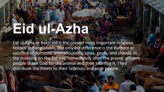Eid ul-Azha
Eid ul-Azha or Bakri eid is the second most important religious
festival in Bangladesh. The only big difference is the Kurbani or
sacrifice of domestic animals(usually cows, goats, and sheep). In
the morning on the Eid day, immediately after the prayer, affluent
people thank God for the animal and then sacrifice it. They
distribute the meets to their relatives and poor people.
 