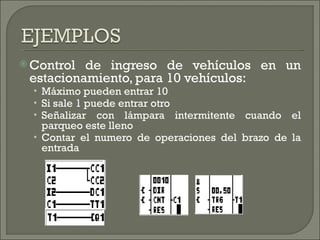 Control de ingreso de vehículos en un estacionamiento, para 10 vehículos: Máximo pueden entrar 10 Si sale 1 puede entrar otro Señalizar con lámpara intermitente cuando el parqueo este lleno Contar el numero de operaciones del brazo de la entrada 