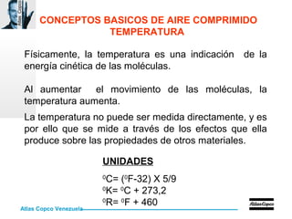 Atlas Copco Venezuela
AtlasCopco
CONCEPTOS BASICOS DE AIRE COMPRIMIDO
TEMPERATURA
Físicamente, la temperatura es una indicación de la
energía cinética de las moléculas.
Al aumentar el movimiento de las moléculas, la
temperatura aumenta.
La temperatura no puede ser medida directamente, y es
por ello que se mide a través de los efectos que ella
produce sobre las propiedades de otros materiales.
UNIDADES
0
C= (0
F-32) X 5/9
0
K= 0
C + 273,2
0
R= 0
F + 460
 