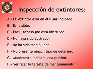 Inspección de extintores:
A.- El extintor está en el lugar indicado.
B.- Es visible.
C.- Fácil acceso (no está obstruido).
D.- No haya sido activado.
E.- No ha sido manipulado.
F. - No presente ningún tipo de deterioro.
G.- Manómetro indica buena presión.
H.- Verificar la tarjeta de mantenimiento.
 
