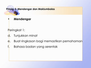 Prinsip 5: Mendengar dan Maklumbalas Mendengar  Peringkat 1: Tunjukkan minat Buat ringkasan bagi memastikan pemahaman Bahasa badan yang serentak 
