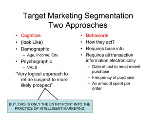 Target Marketing Segmentation
Two Approaches
• Cognitive
• (look Like)
• Demographic
– Age, Income, Edu

• Psychographic
– VALS

“Very logical approach to
refine suspect to more
likely prospect”

•
•
•
•

Behavioral
How they act?
Requires base info
Requires all transaction
information electronically
– Date of last to most recent
purchase
– Frequency of purchase
– Av amount spent per
order

BUT..THIS IS ONLY THE ENTRY POINT INTO THE
PRACTICE OF INTELLIGENT MARKETING

 